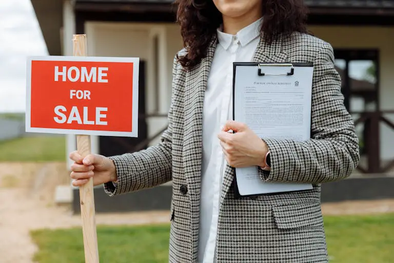 Close-up of a Woman Holding a Home For Sale Sign