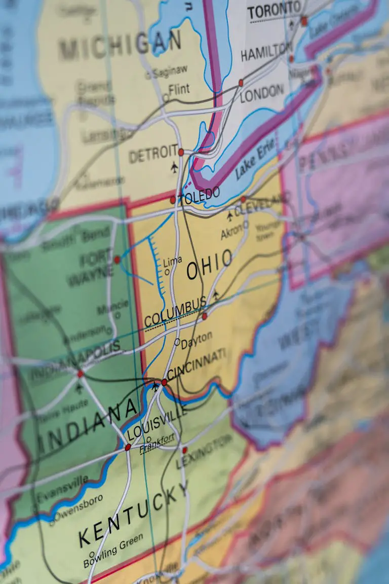 Paper Map with the States of Ohio Indiana and Kentucky